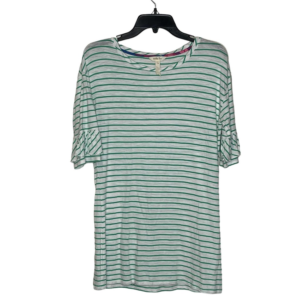 Matilda Jane Tunic T-Shirt Top Size Small White With Green Stripes Flare Sleeves